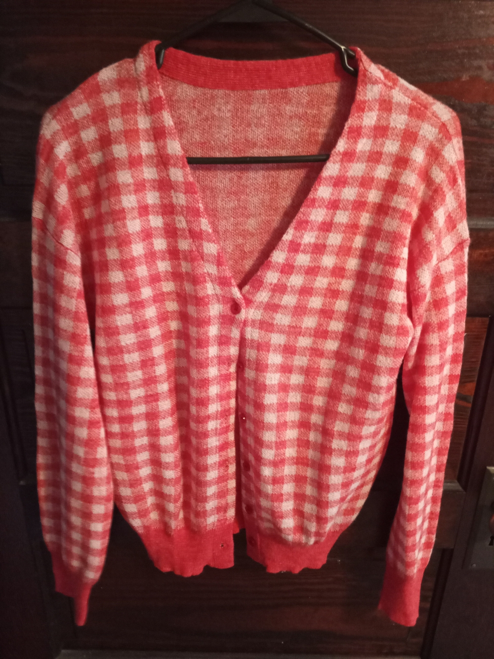 Women's Red and White Check V-Neck Cardigan Sweater